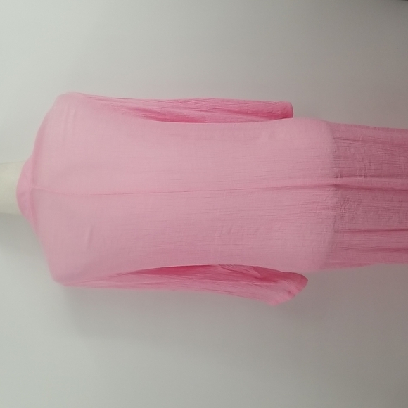 ♥️Pink Long Cover Up Duster Crinkle Fabric Long Sleeves Front Tie Side Slits M-L - Picture 5 of 8